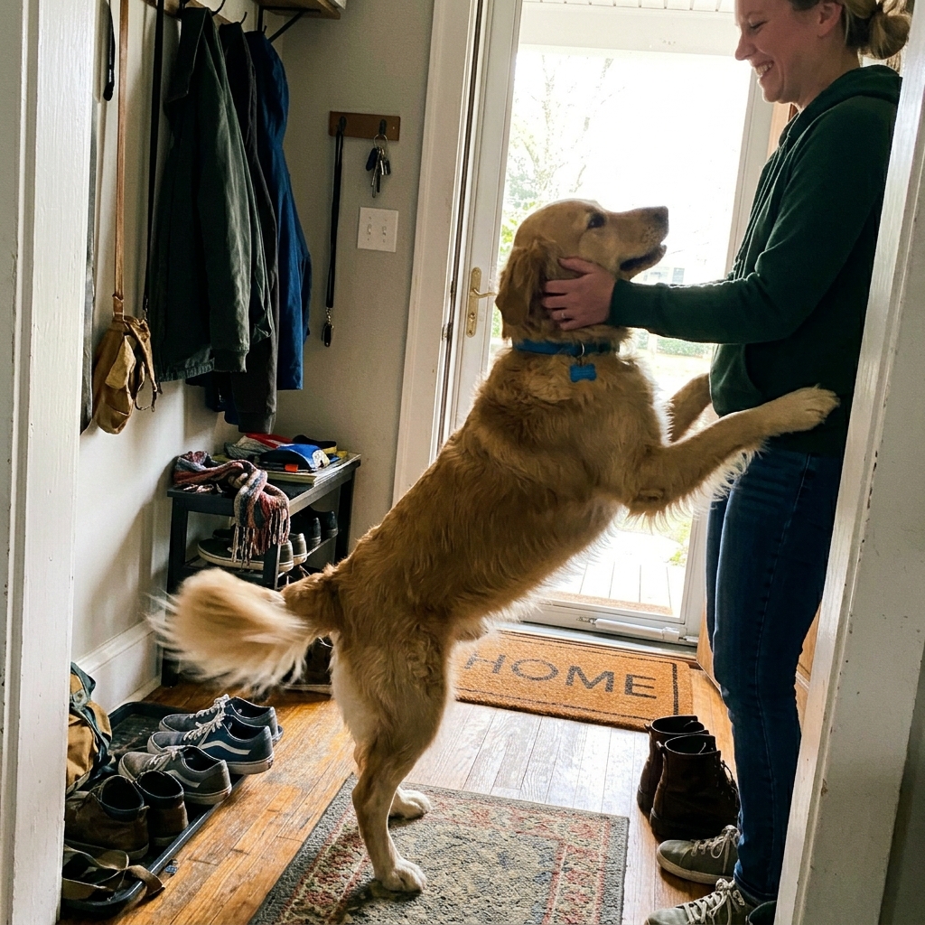 Happy senior Golden Retriever carrying a shoe to greet its owner in a sunlit hallway